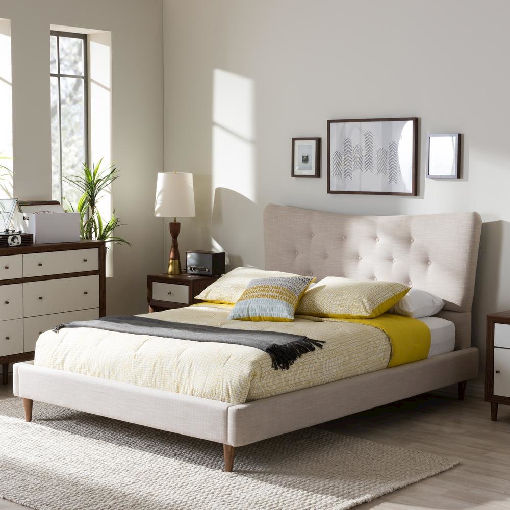 Baxton Studio Hannah Mid-Century Modern Beige Linen Queen Size Platform Bed. Picture 10