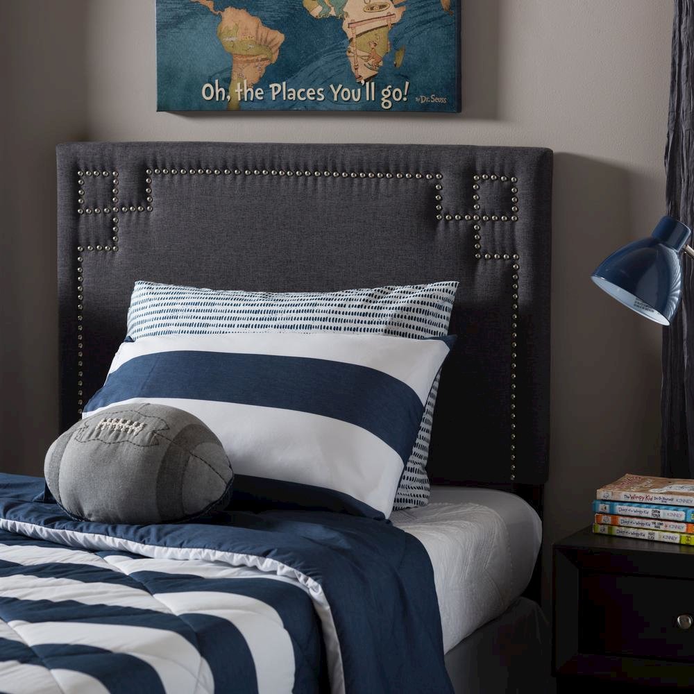 Geneva Modern and Contemporary Dark Grey Fabric Upholstered Twin Size Headboard. Picture 8