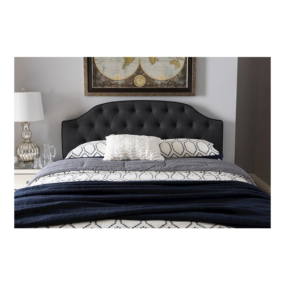 Dark Grey Fabric Upholstered Scalloped Buttoned Queen Size Headboard. Picture 13