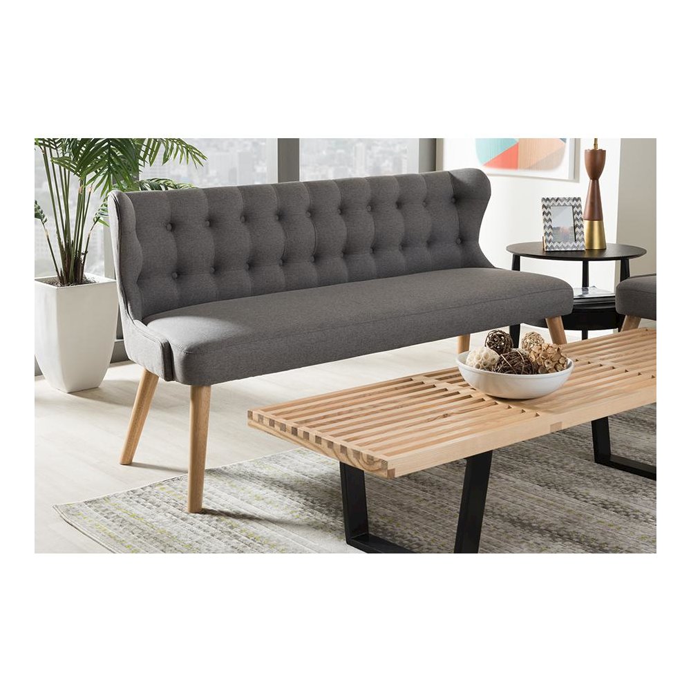 Grey Fabric and Natural Wood Finishing 3-Seater Settee Bench. Picture 17