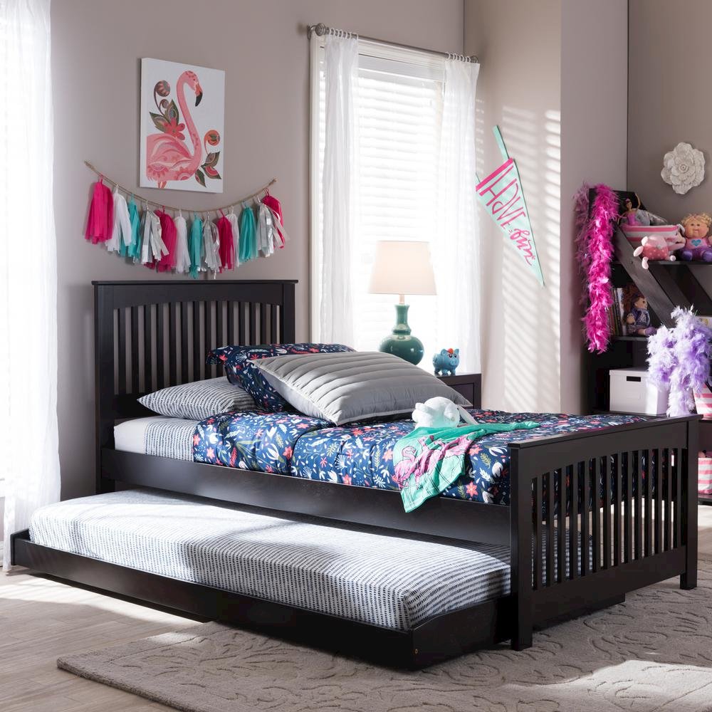 Hevea Twin Size Dark Brown Solid Wood Platform Bed with Guest Trundle Bed. Picture 12