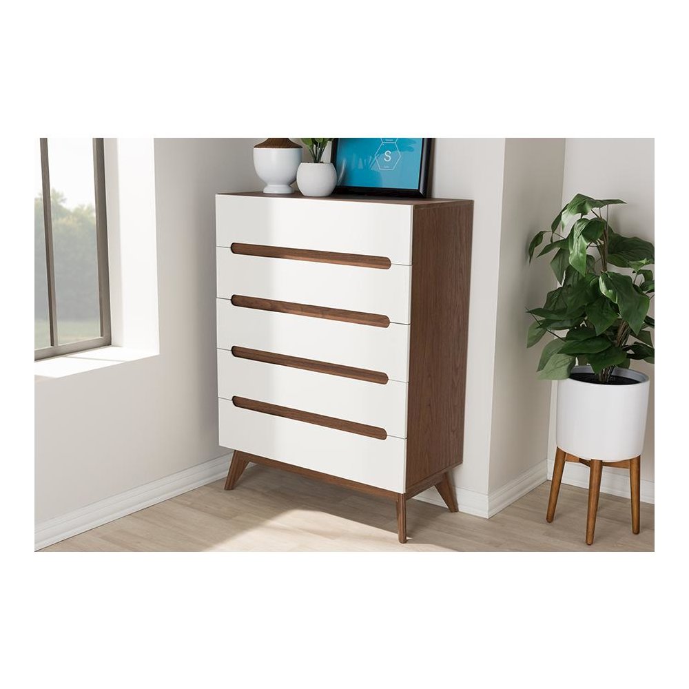 Calypso Mid-Century Modern White and Walnut Wood 5-Drawer Storage Chest. Picture 17
