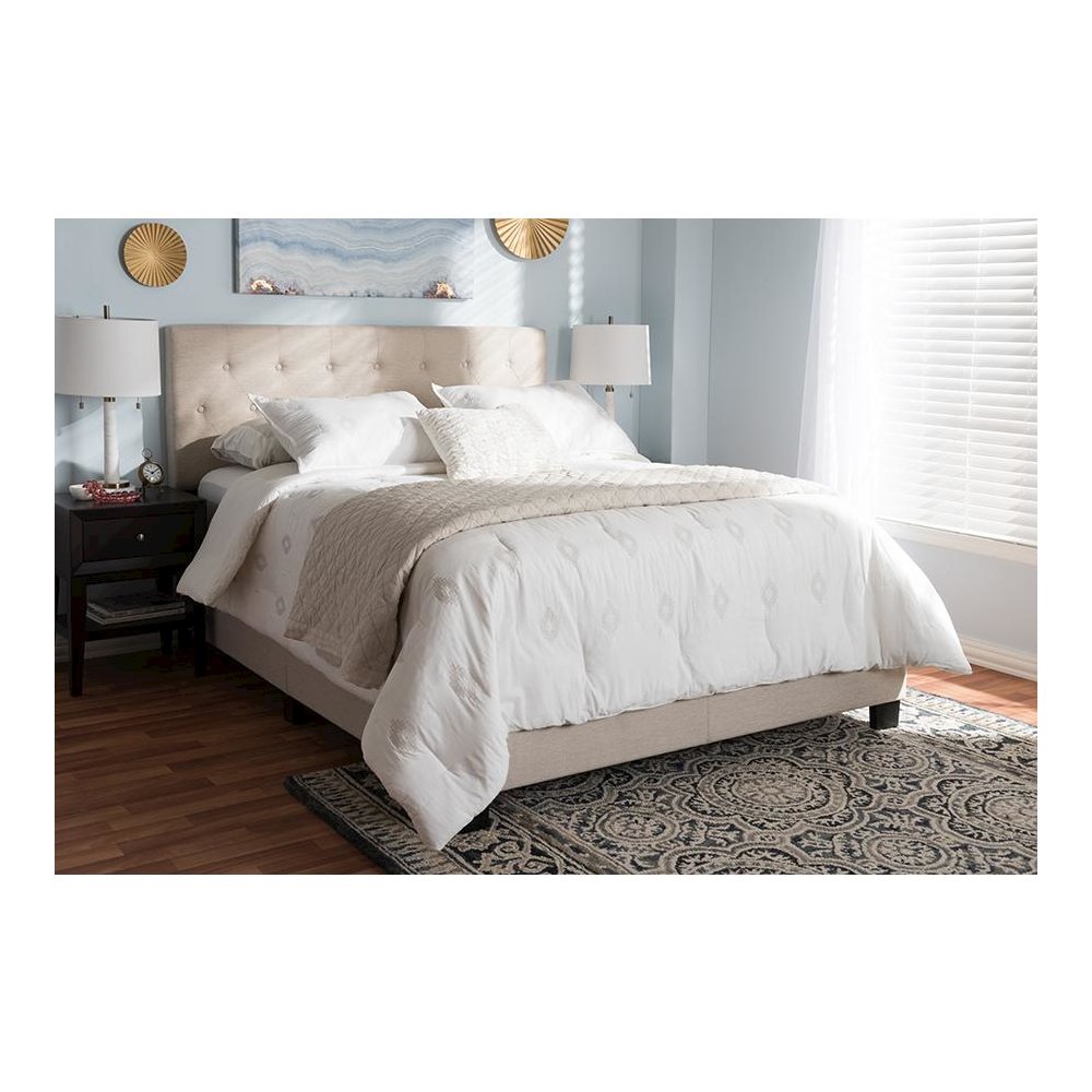 Cassandra Modern and Contemporary Light Beige Fabric Upholstered Queen Size Bed. Picture 17