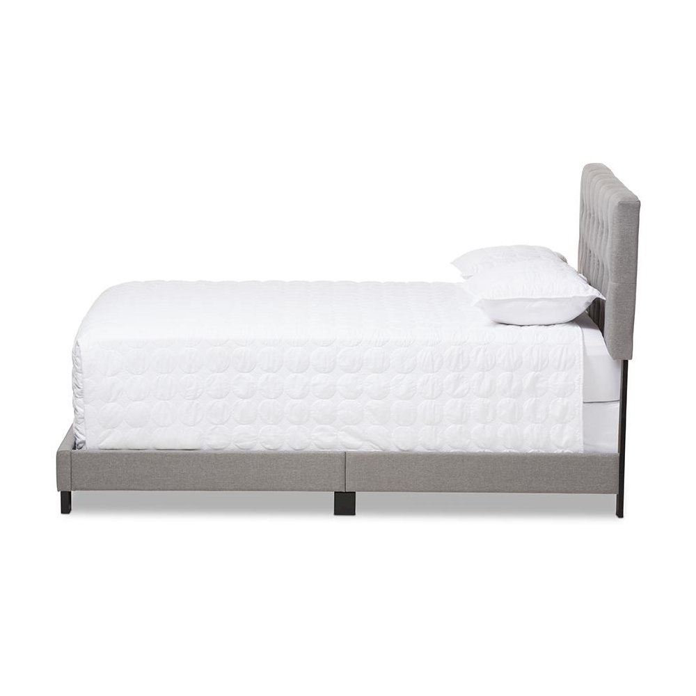 Cassandra Modern and Contemporary Light Grey Fabric Upholstered Queen Size Bed. Picture 2