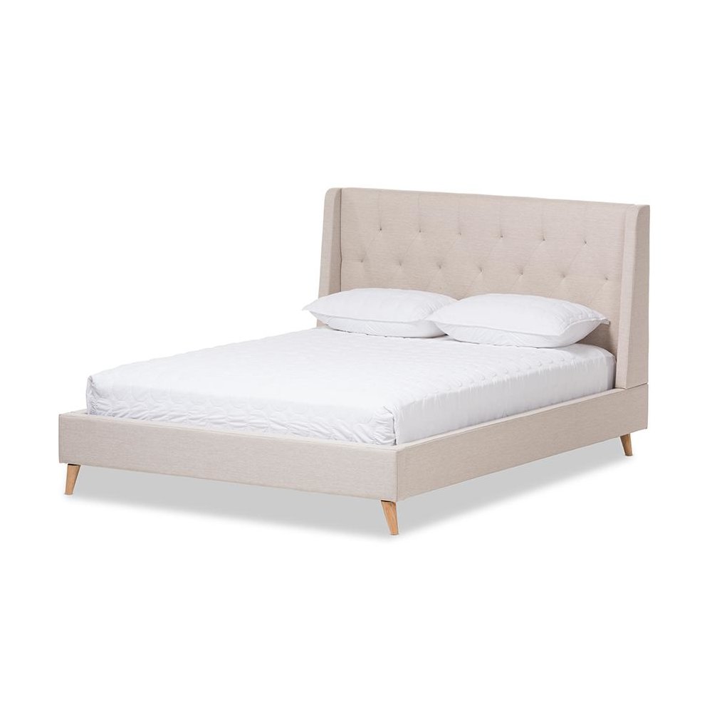 Adelaide Retro Modern Light Beige Fabric Upholstered Queen Size Platform Bed. Picture 1