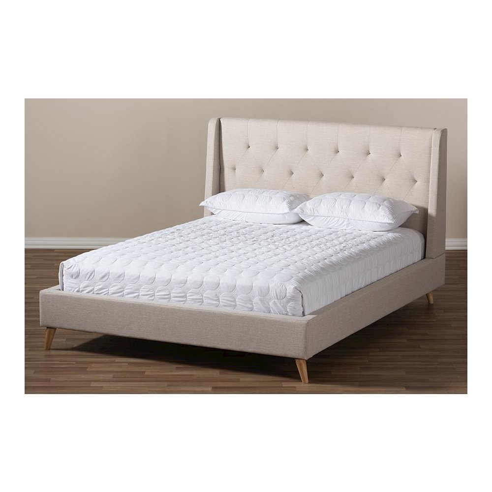 Adelaide Retro Modern Light Beige Fabric Upholstered Queen Size Platform Bed. Picture 7