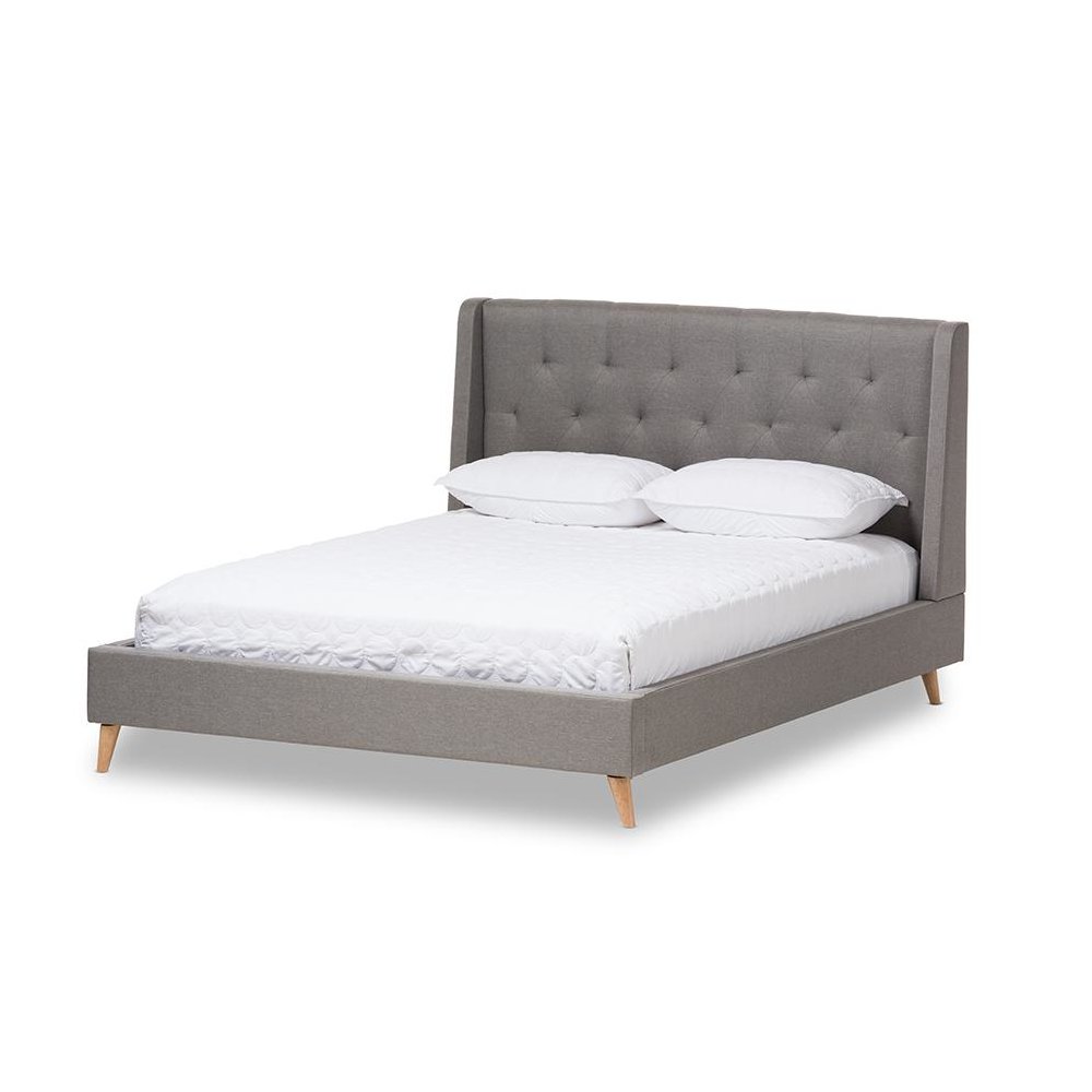 Adelaide Retro Modern Light Grey Fabric Upholstered King Size Platform Bed. Picture 1