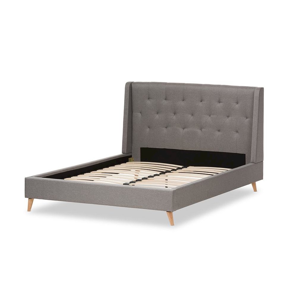 Adelaide Retro Modern Light Grey Fabric Upholstered King Size Platform Bed. Picture 3