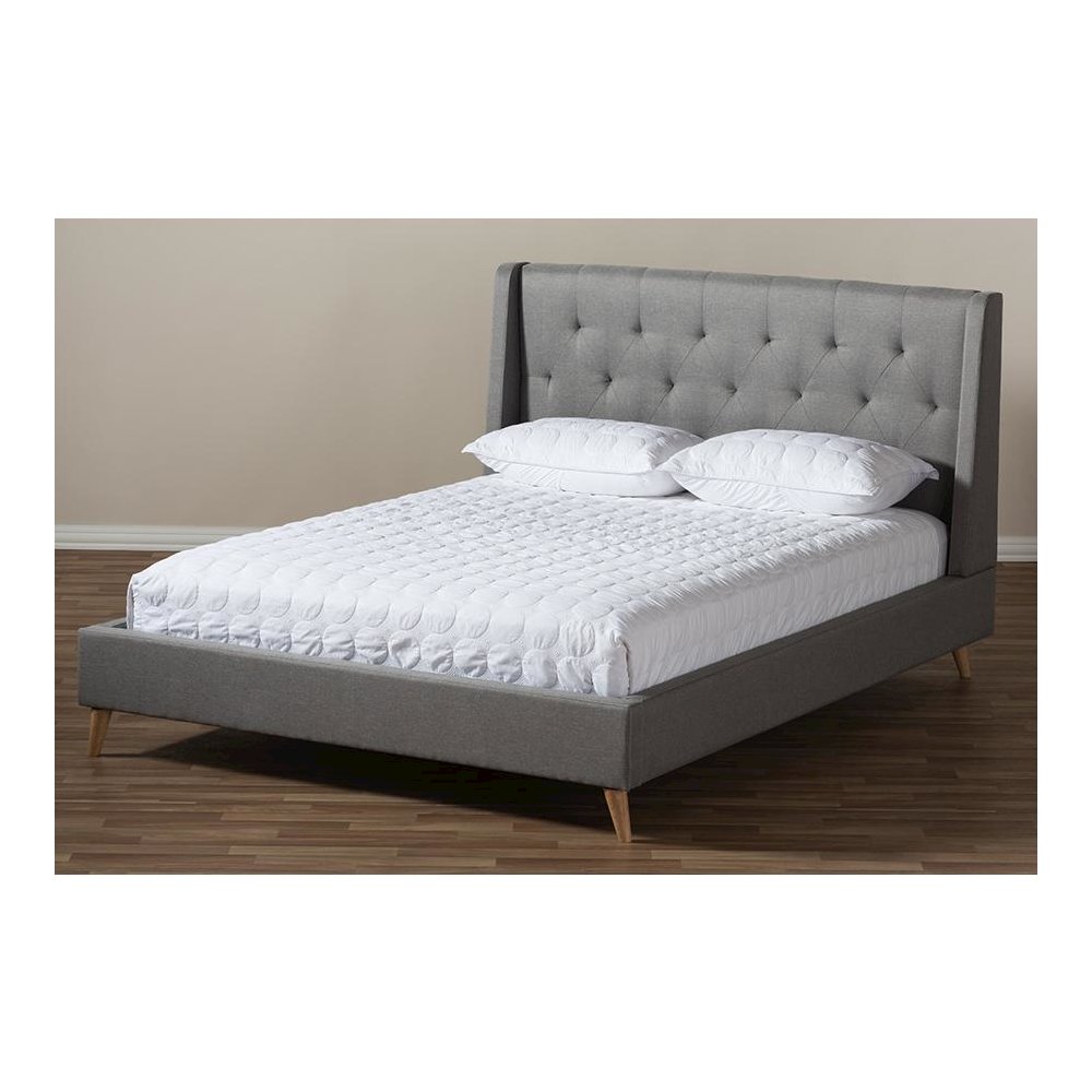 Adelaide Retro Modern Light Grey Fabric Upholstered King Size Platform Bed. Picture 7