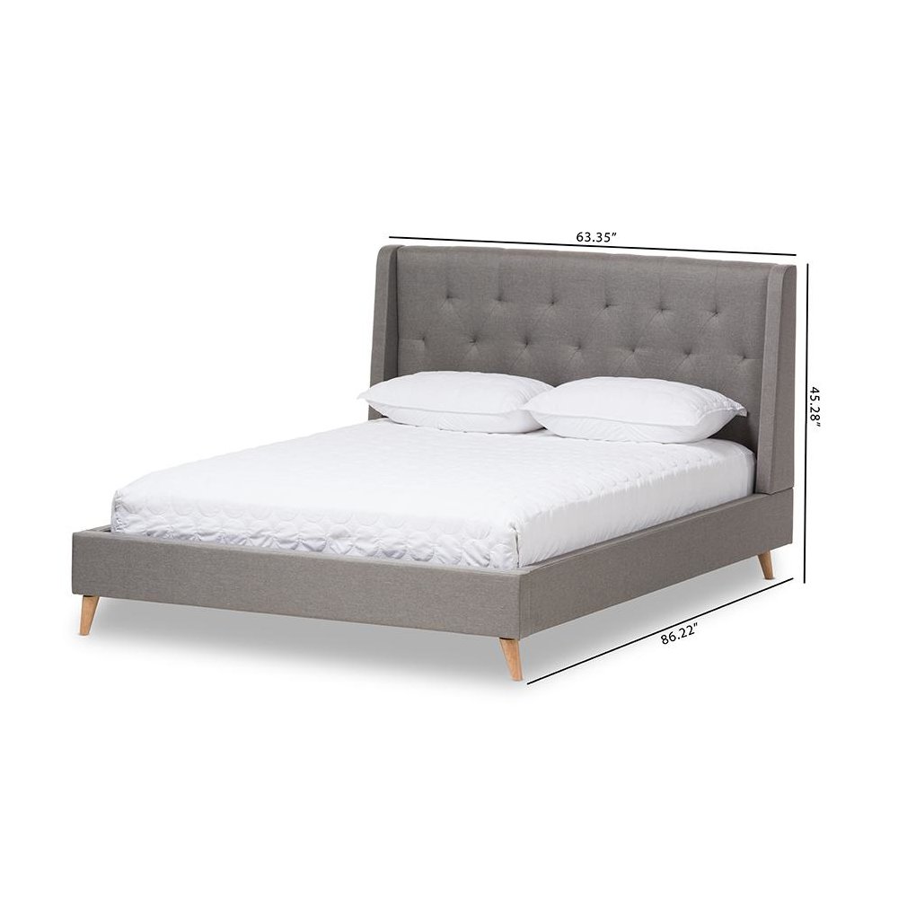Adelaide Retro Modern Light Grey Fabric Upholstered King Size Platform Bed. Picture 8