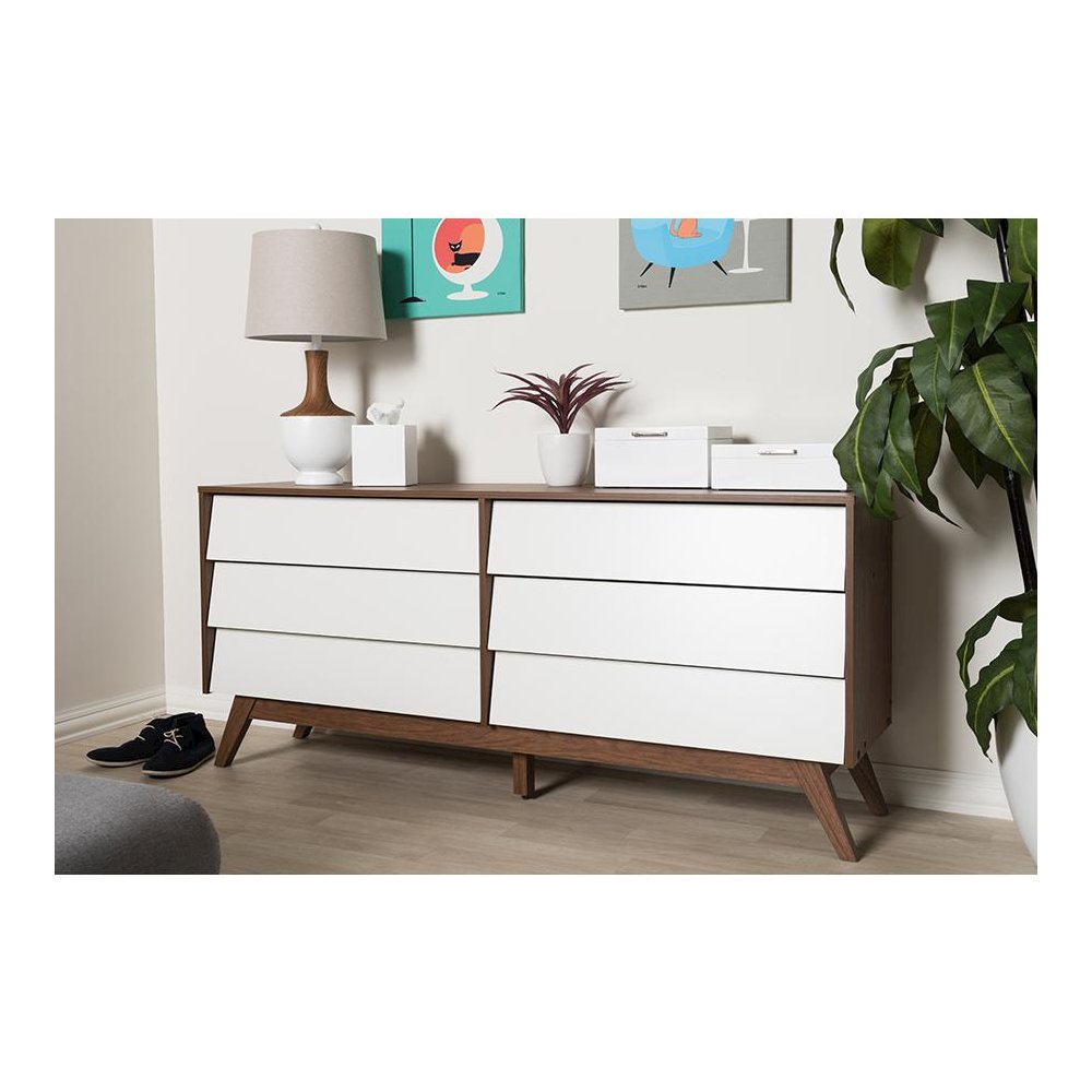 Hildon Mid-Century Modern White and Walnut Wood 6-Drawer Storage Dresser. Picture 15