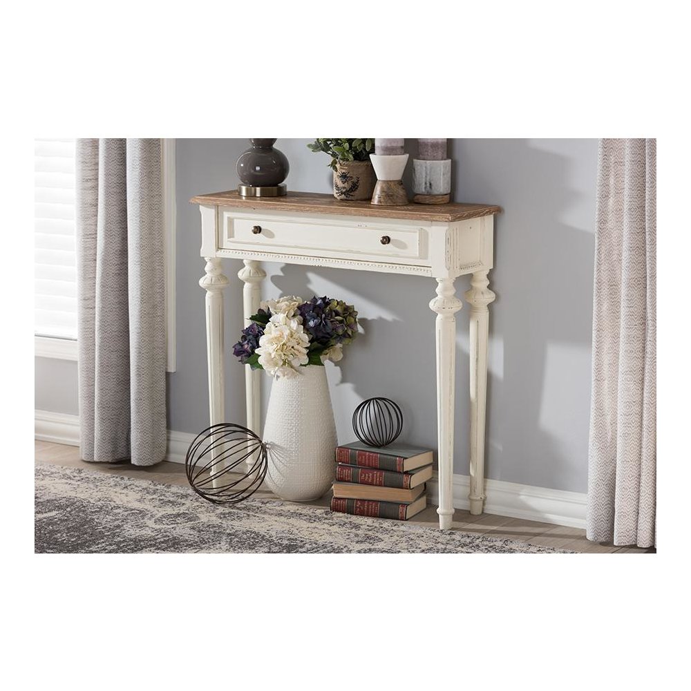 Weathered Oak and White Wash Distressed Finish Wood Two-Tone Console Table. Picture 19