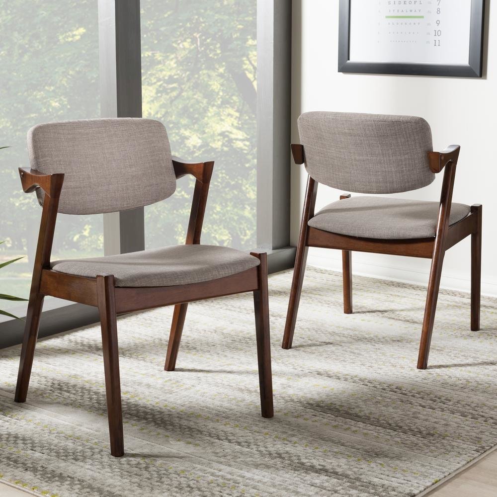 Elegant Mid-Century Dark Walnut Wood Grey Fabric Upholstered Dining Armchair. Picture 9