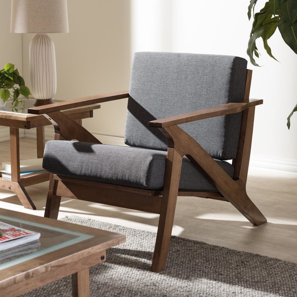 Grey Fabric and "Walnut" Brown Wood Living Room 1-Seater Lounge Chair. Picture 11