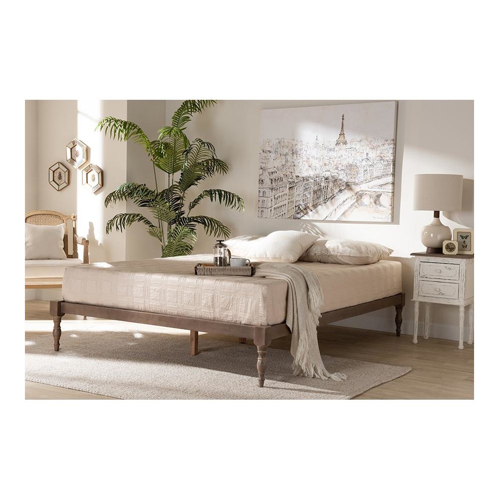 Antique Oak Finished Wood Queen Size Platform Bed Frame. Picture 5