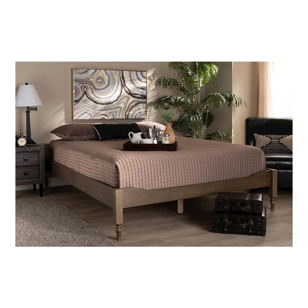 Bohemian Weathered Grey Oak Finished Wood Queen Size Platform Bed Frame. Picture 5