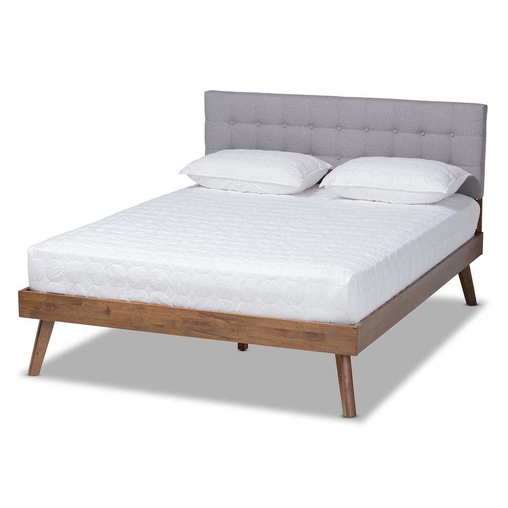 Light Grey Fabric Upholstered Walnut Brown Finished Wood Queen Size Platform Bed. Picture 11