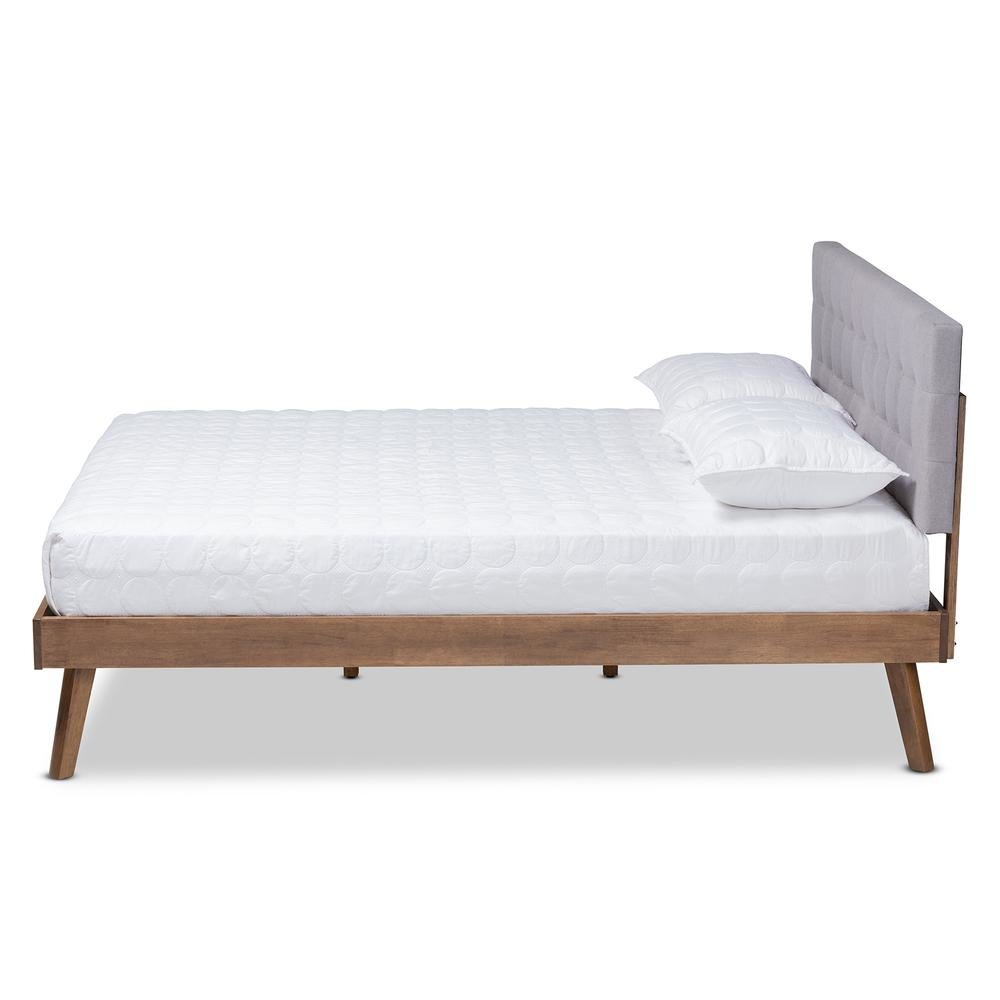 Light Grey Fabric Upholstered Walnut Brown Finished Wood Queen Size Platform Bed. Picture 12