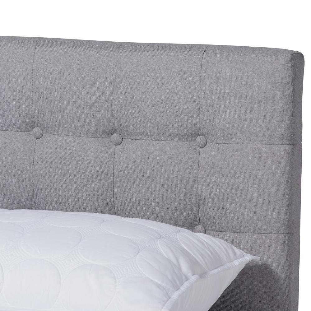 Light Grey Fabric Upholstered Walnut Brown Finished Wood Queen Size Platform Bed. Picture 14