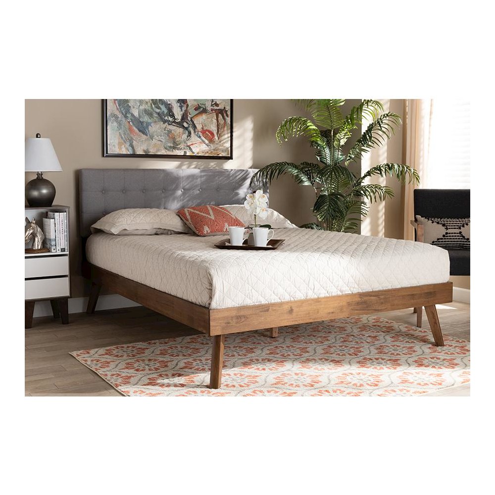 Light Grey Fabric Upholstered Walnut Brown Finished Wood Queen Size Platform Bed. Picture 6