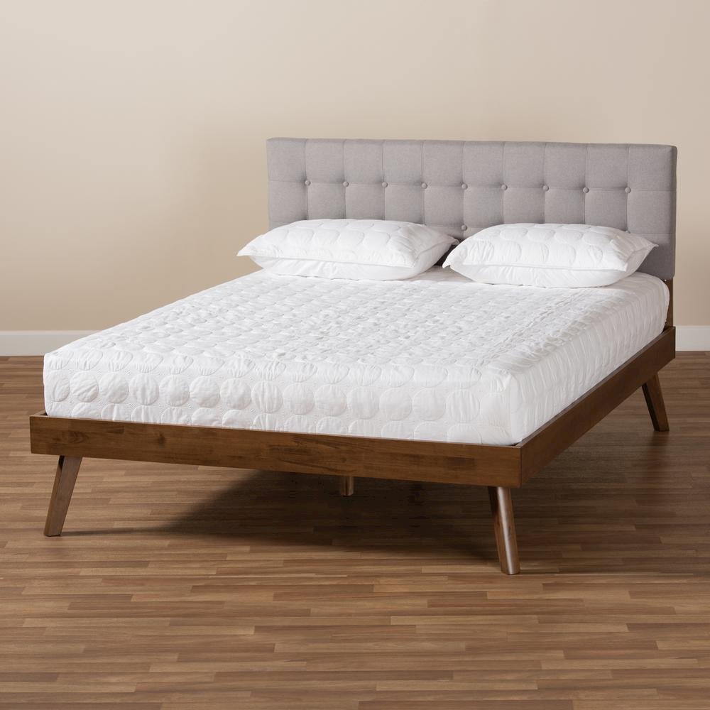 Light Grey Fabric Upholstered Walnut Brown Finished Wood Queen Size Platform Bed. Picture 17