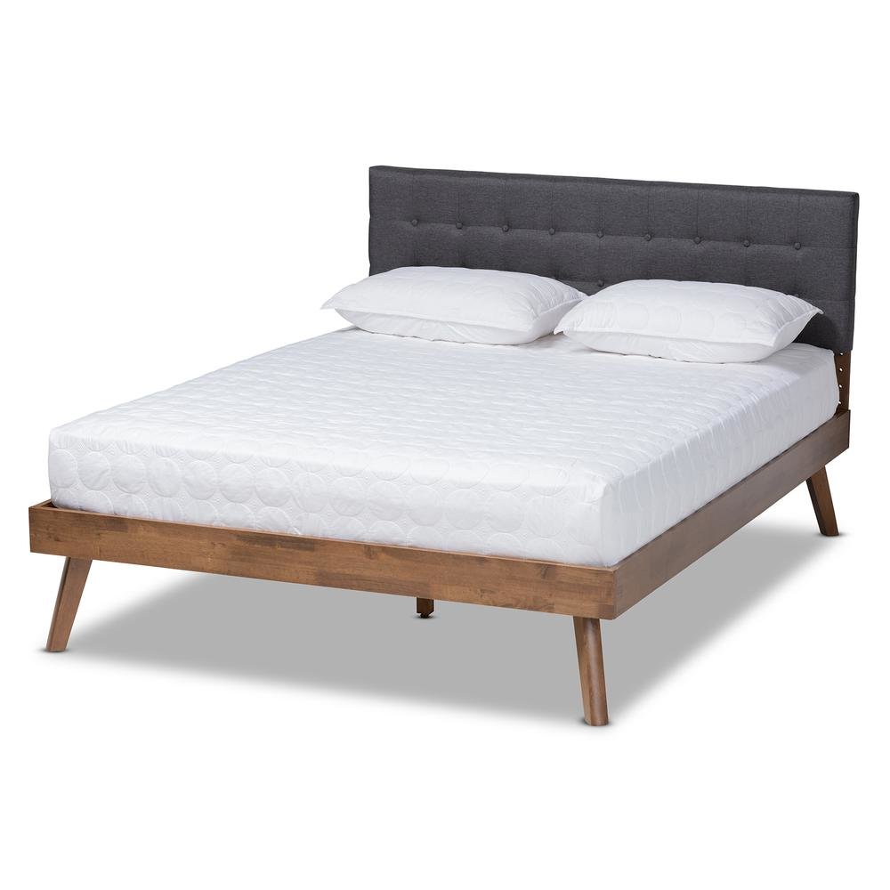 Dark Grey Fabric Upholstered Walnut Brown Finished Wood Queen Size Platform Bed. Picture 11