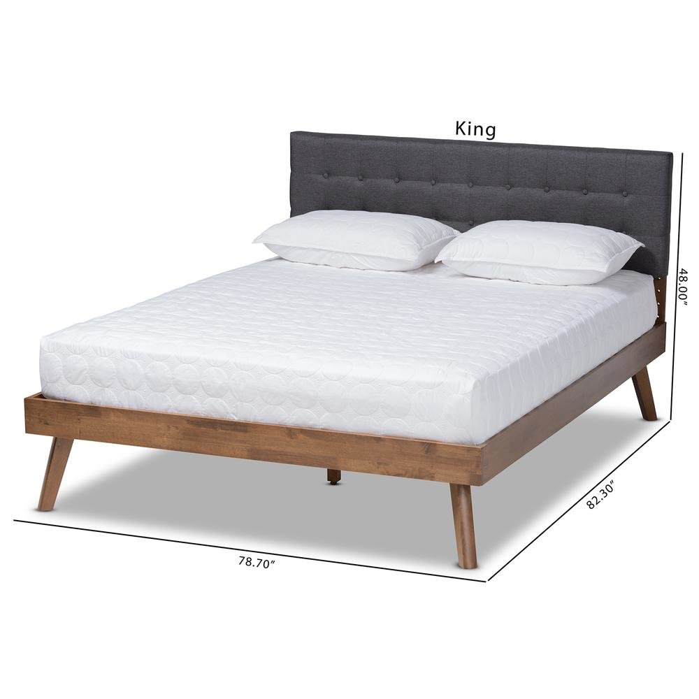 Dark Grey Fabric Upholstered Walnut Brown Finished Wood Queen Size Platform Bed. Picture 20