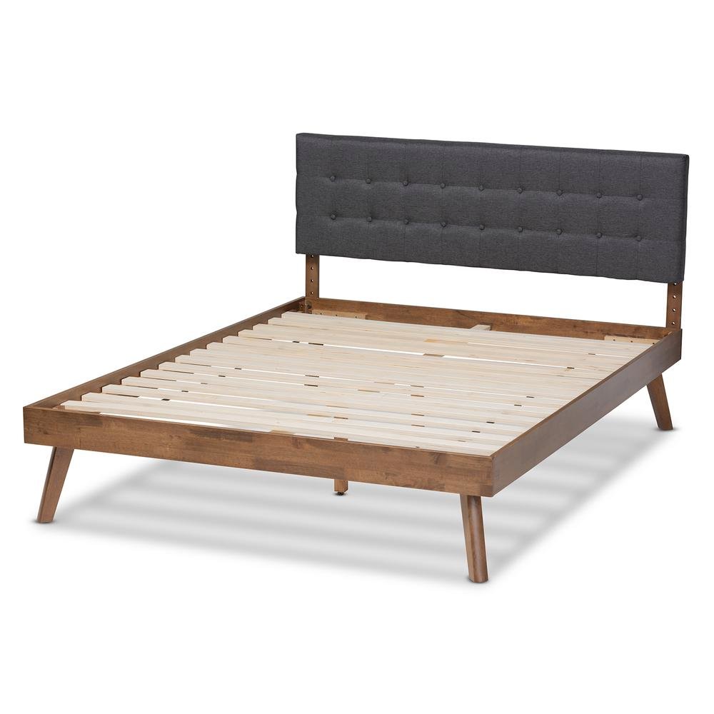 Dark Grey Fabric Upholstered Walnut Brown Finished Wood Queen Size Platform Bed. Picture 13