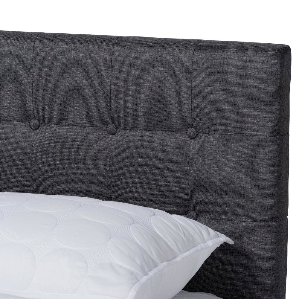 Dark Grey Fabric Upholstered Walnut Brown Finished Wood Queen Size Platform Bed. Picture 14