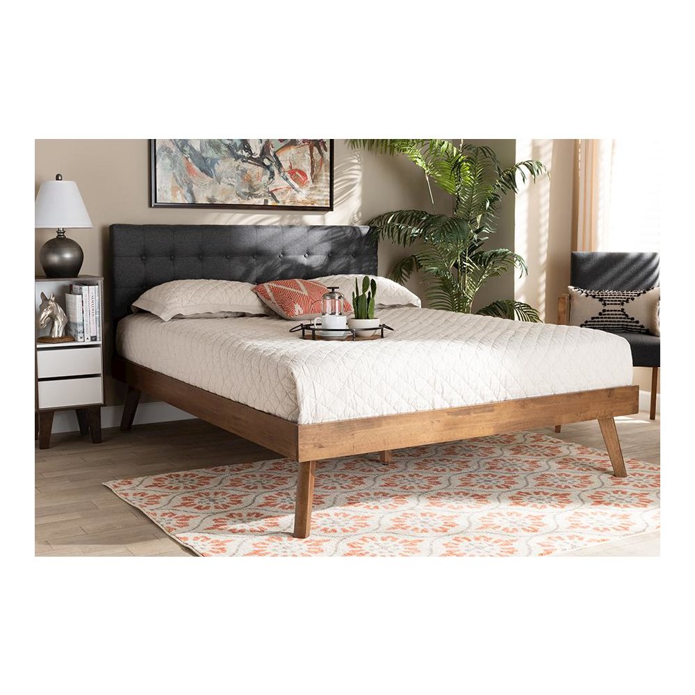 Dark Grey Fabric Upholstered Walnut Brown Finished Wood Queen Size Platform Bed. Picture 6
