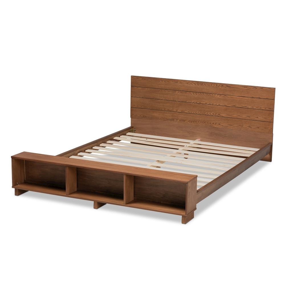 Walnut Brown Finished Wood Queen Size Platform Storage Bed with Built-In Shelves. Picture 13