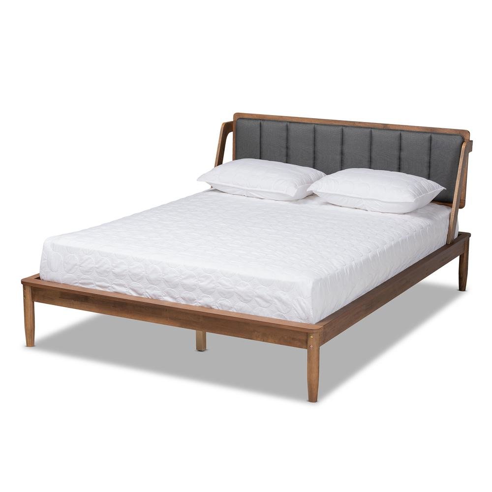 Dark Grey Fabric Upholstered and Walnut Finished Queen Size Platform Bed. Picture 11