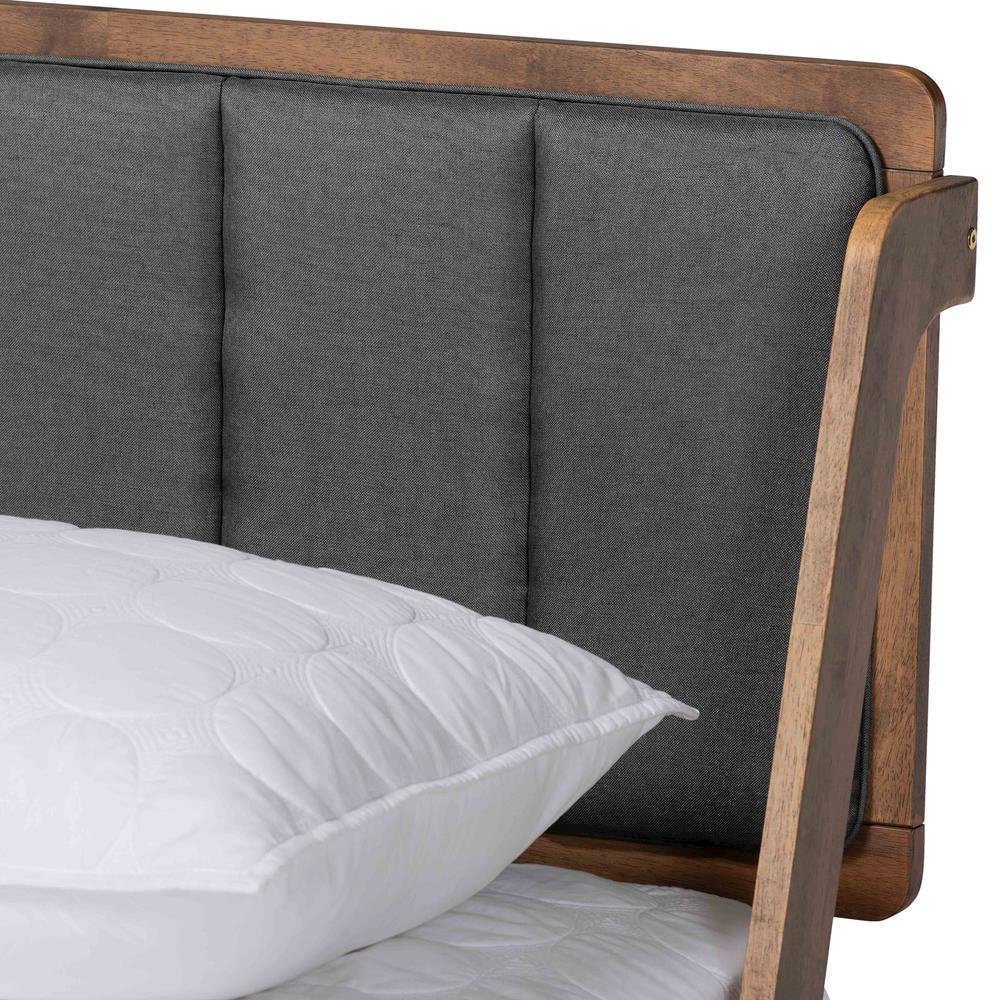 Dark Grey Fabric Upholstered and Walnut Finished Queen Size Platform Bed. Picture 14