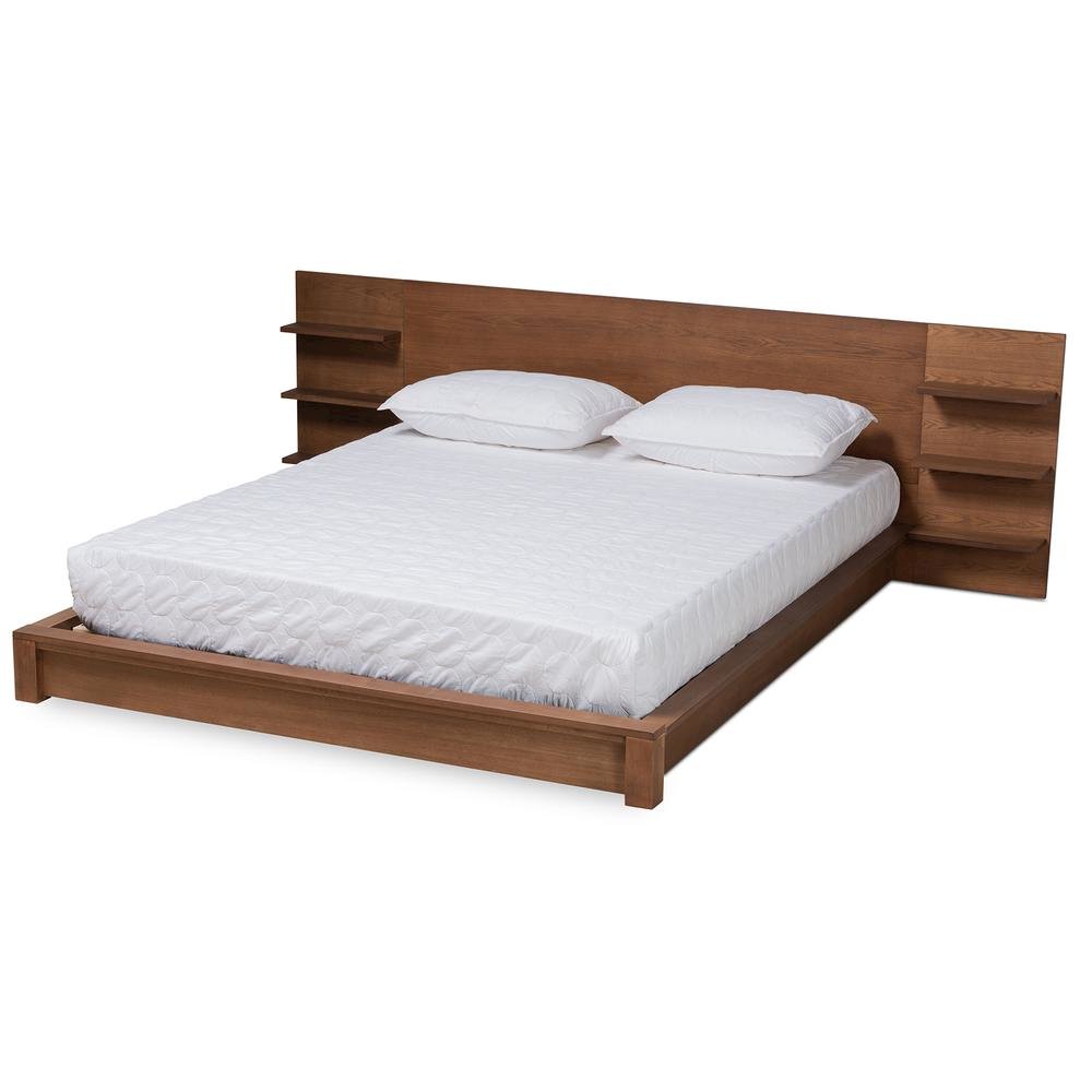 Walnut Brown Finished Wood King Size Platform Storage Bed with Shelves. Picture 10