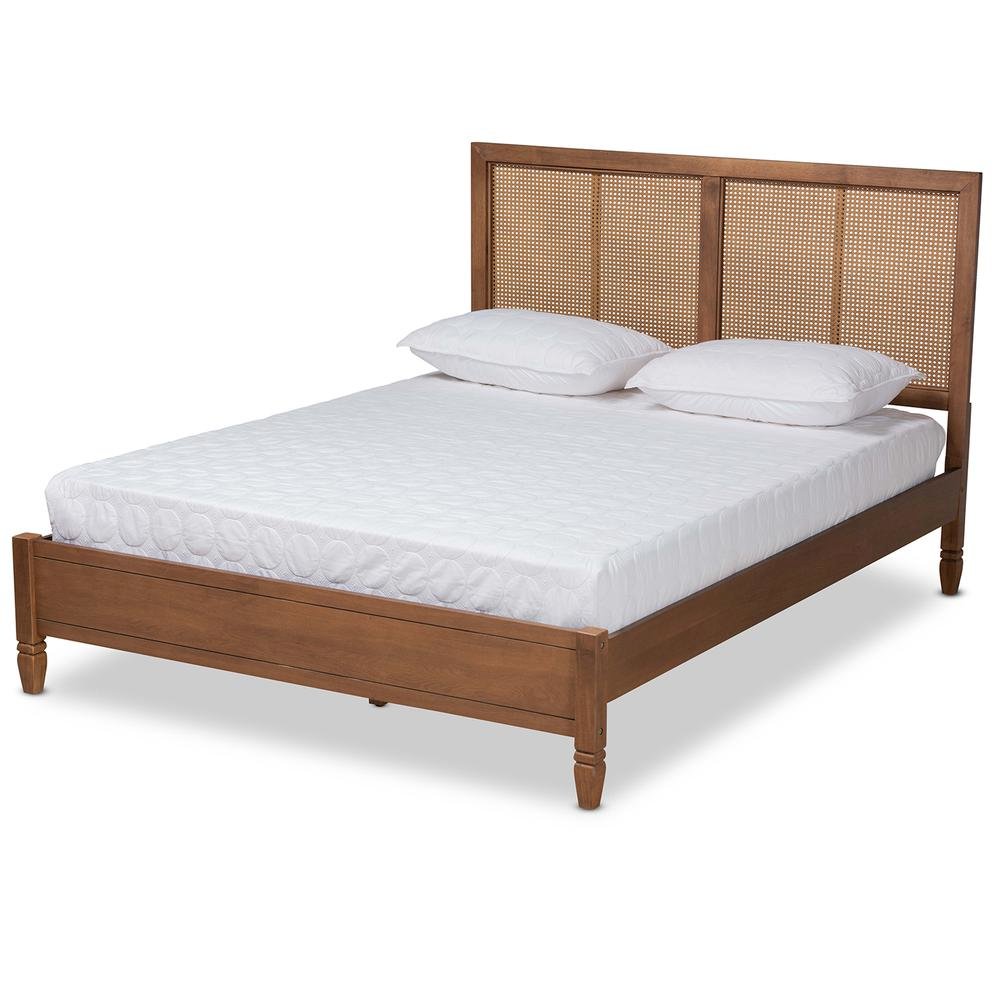 Walnut Brown Finished Wood and Synthetic Rattan Queen Size Platform Bed. Picture 11