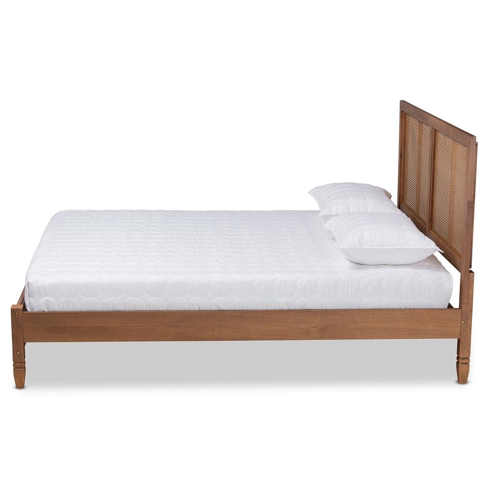 Walnut Brown Finished Wood and Synthetic Rattan Queen Size Platform Bed. Picture 12
