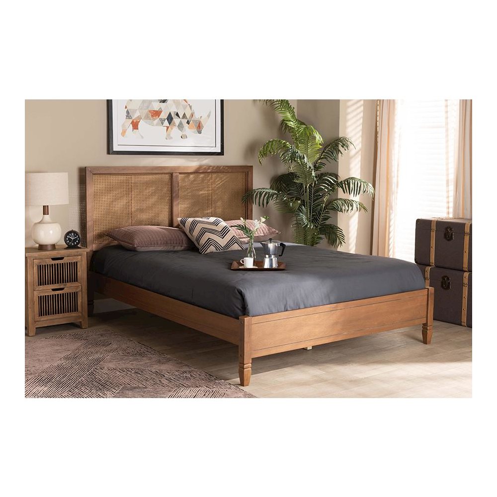 Walnut Brown Finished Wood and Synthetic Rattan Queen Size Platform Bed. Picture 6