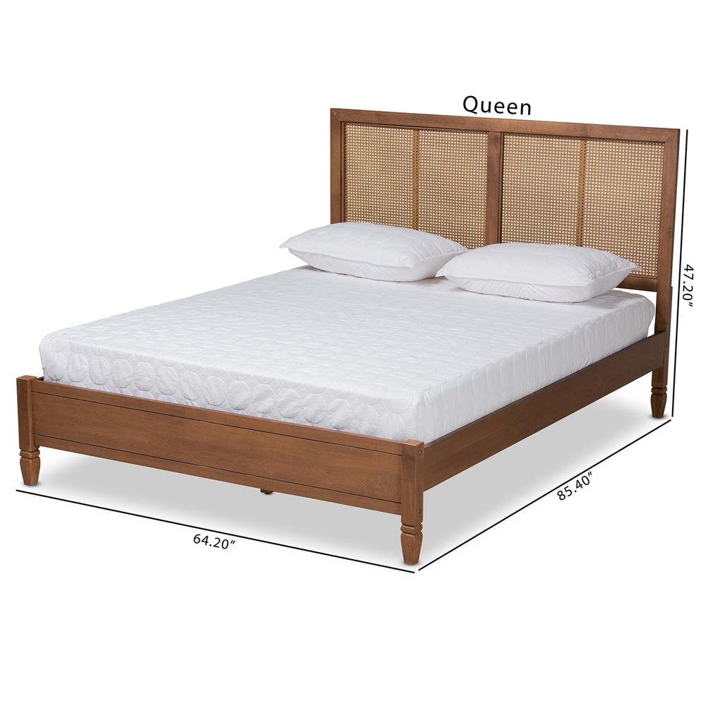 Walnut Brown Finished Wood and Synthetic Rattan Queen Size Platform Bed. Picture 19