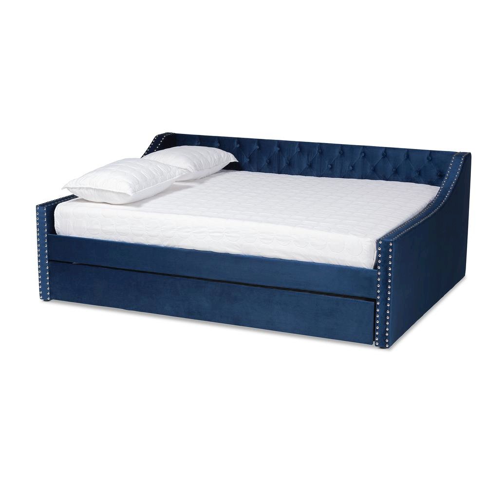 Navy Blue Velvet Fabric Upholstered Queen Size Daybed with Trundle. Picture 13