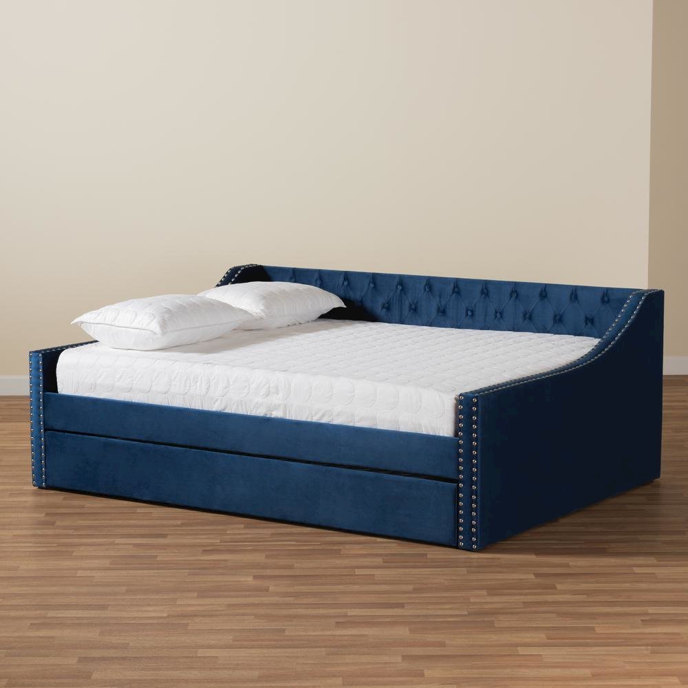 Navy Blue Velvet Fabric Upholstered Queen Size Daybed with Trundle. Picture 22