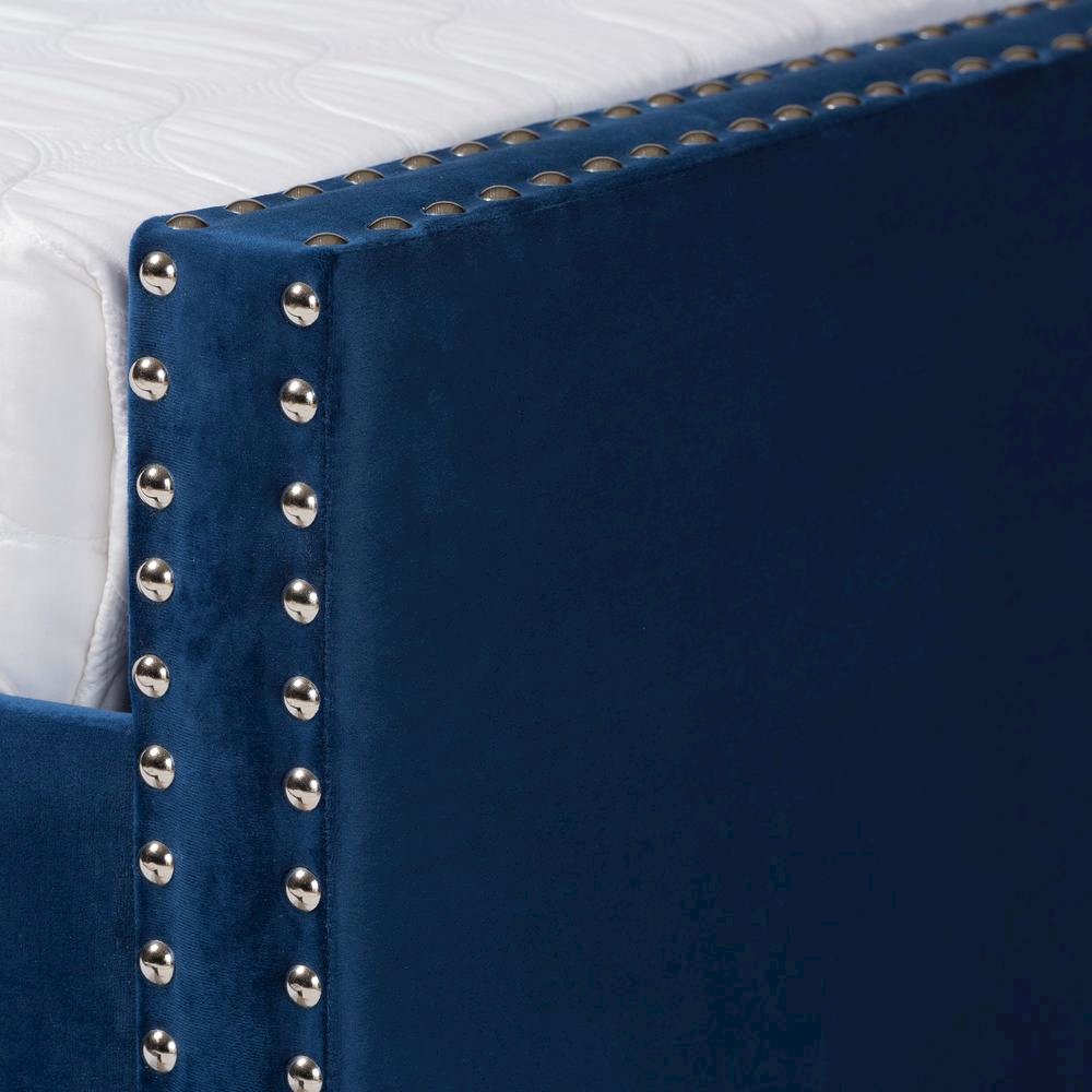 Navy Blue Velvet Fabric Upholstered Queen Size Daybed with Trundle. Picture 19