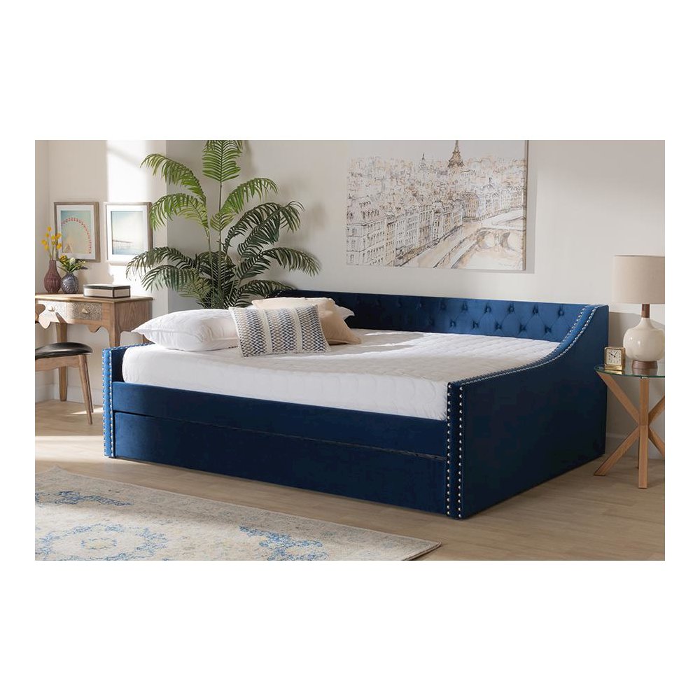 Navy Blue Velvet Fabric Upholstered Queen Size Daybed with Trundle. Picture 8