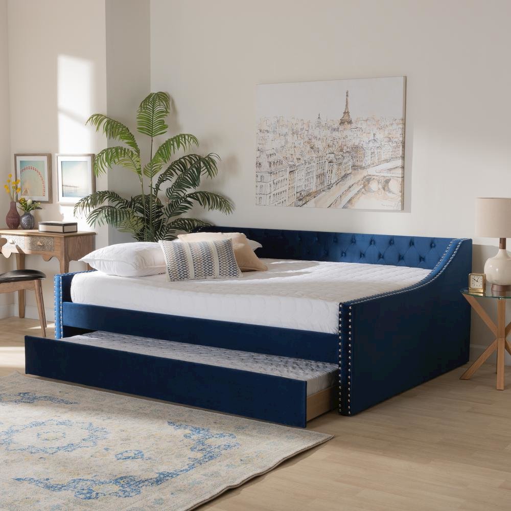 Navy Blue Velvet Fabric Upholstered Queen Size Daybed with Trundle. Picture 21