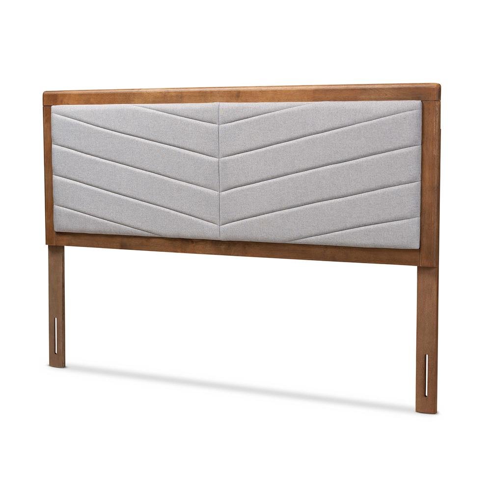 Light Grey Fabric Upholstered and Walnut Brown Finished Wood King Size Headboard. Picture 10