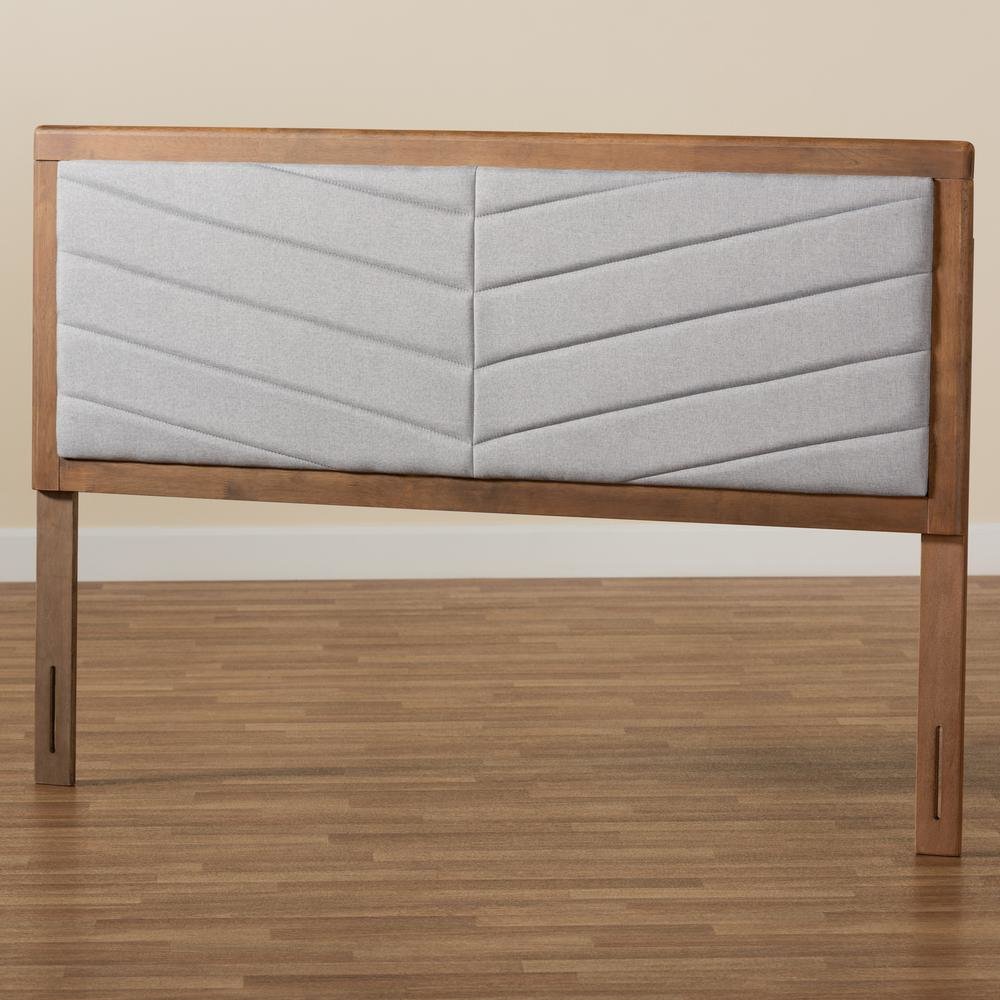 Light Grey Fabric Upholstered and Walnut Brown Finished Wood King Size Headboard. Picture 14