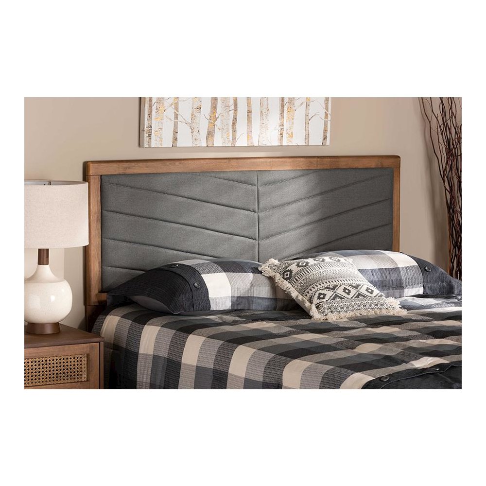 Dark Grey Fabric Upholstered and Walnut Brown Finished Wood King Size Headboard. Picture 4