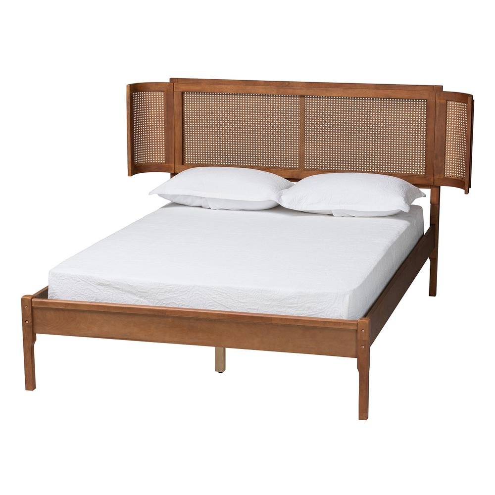 Walnut Brown Finished Wood and Natural Rattan Queen Size Platform Bed. Picture 11