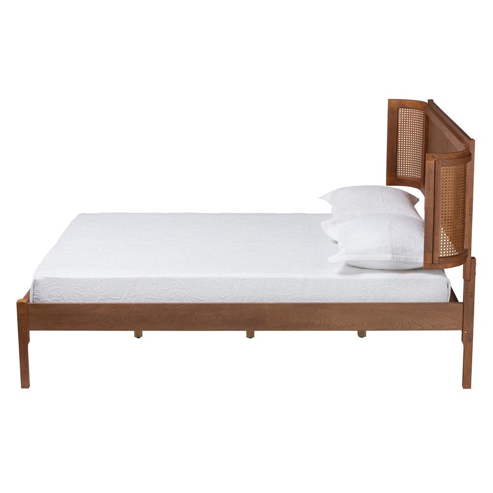 Walnut Brown Finished Wood and Natural Rattan Queen Size Platform Bed. Picture 12