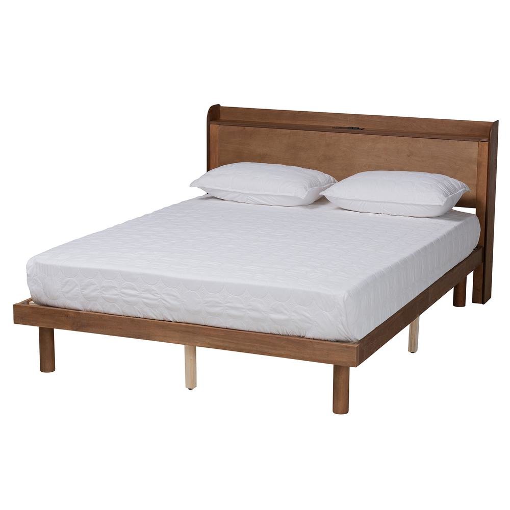 Walnut Brown Finished Wood Queen Size Platform Bed with Charging Station. Picture 12