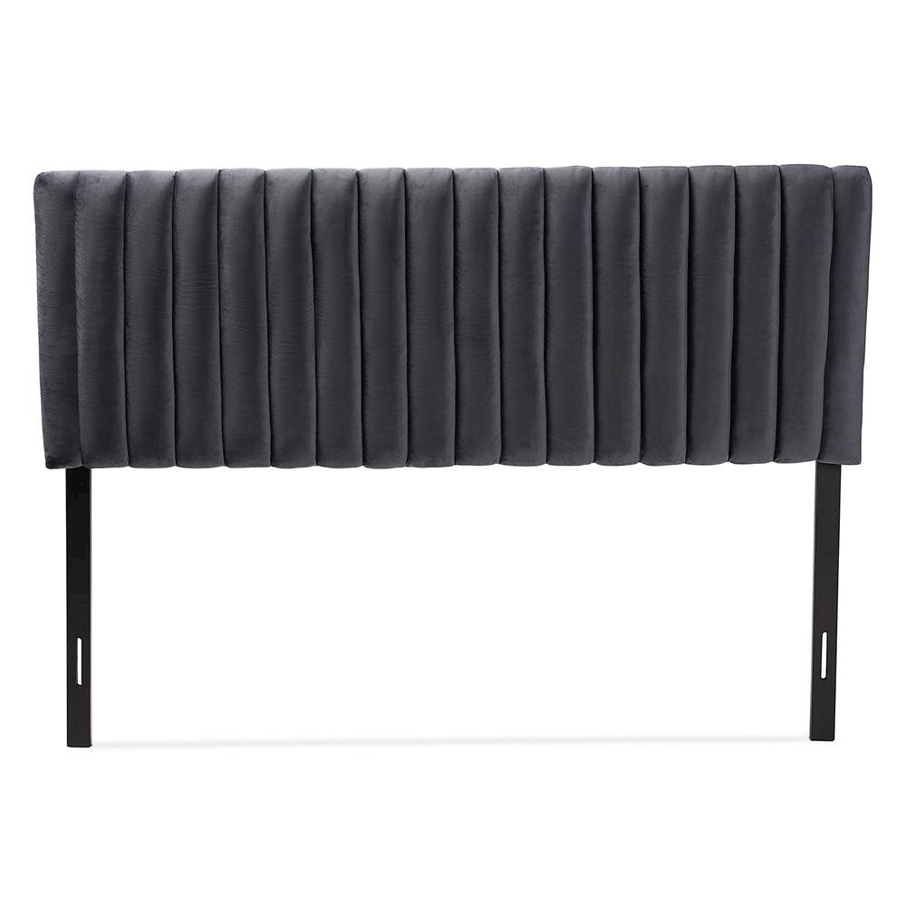 Grey Velvet Fabric Upholstered and Dark Brown Finished Wood King Size Headboard. Picture 11